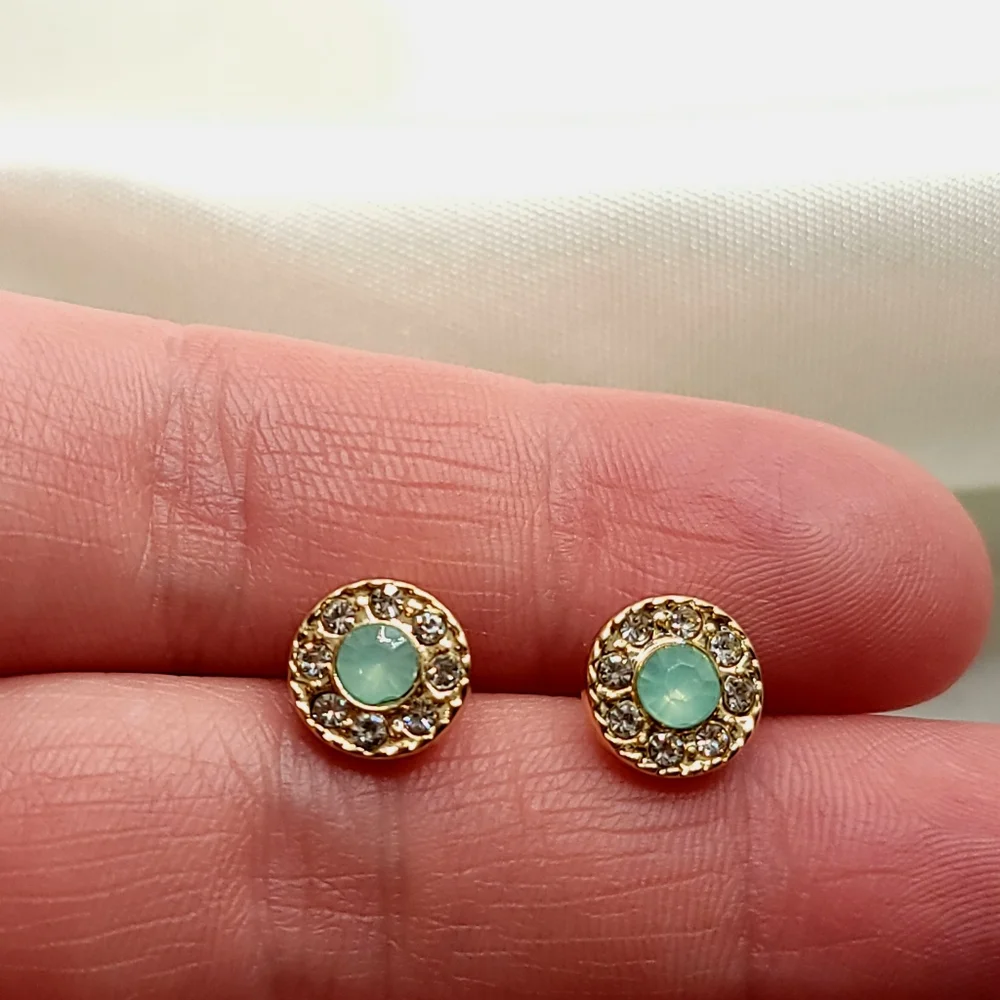 Gold Seafoam Diamond Halo Rhinestone Stud Button Earrings